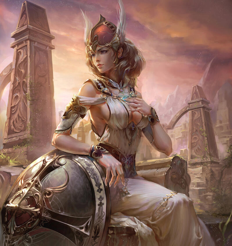 The goddess Athena sits and looks over her right shoulder. She is a blonde Caucasian woman in a white tunic.